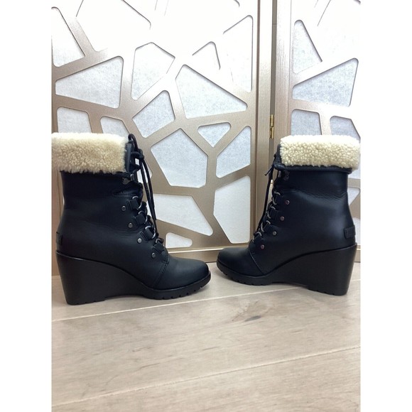 Sorel Women After Hours Lace Up Shearling Black Leather Wedge Boots fur collar 7 - Picture 7 of 11